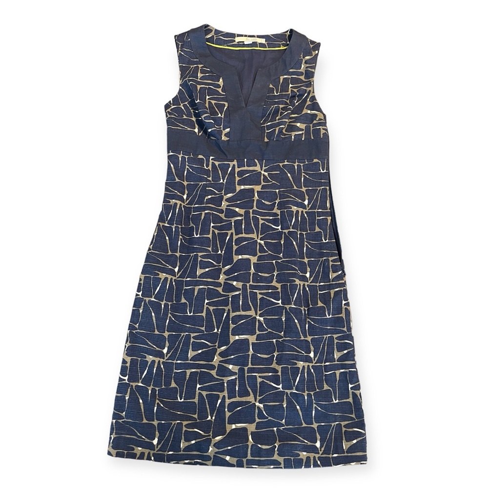 Boden Notched Neck Navy Green Sleeveless Printed Geometric Sheath Dress Size 2R